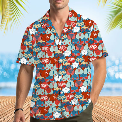 Lifestyle shot of the patriotic bikini pattern hawaiian shirt worn at a summer gathering