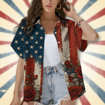 Lifestyle view highlighting the distressed flag design on the hawaiian shirt