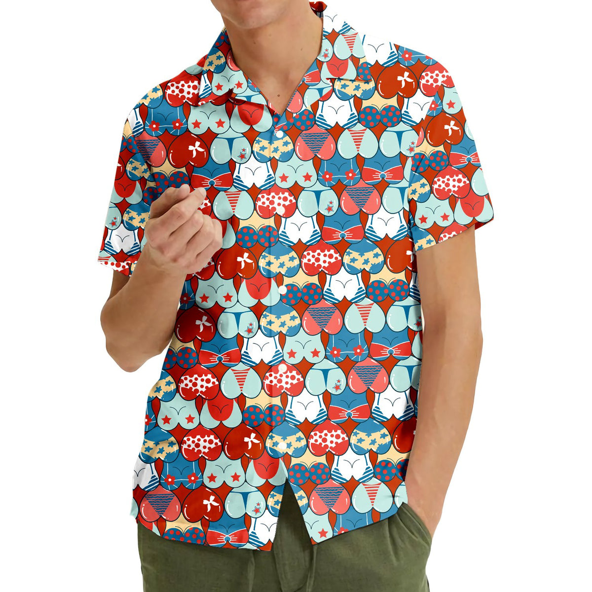 Another lifestyle view of the fourth of july hawaiian shirt being worn