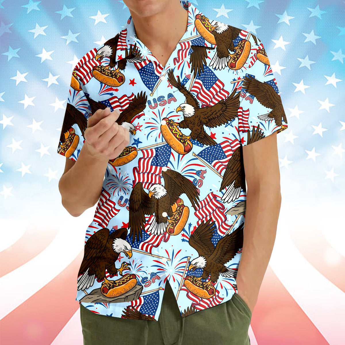 Family enjoying the holiday in bald eagle hot dog hawaiian shirts lifestyle