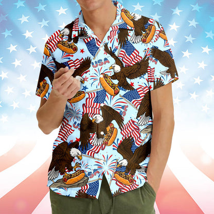 Family enjoying the holiday in bald eagle hot dog hawaiian shirts lifestyle