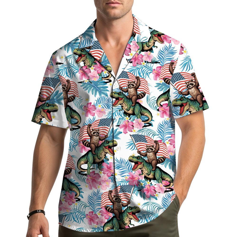 Lifestyle view of a person wearing the fourth of july hawaiian shirt outdoors