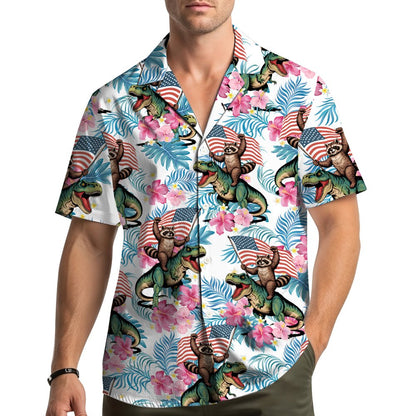 Lifestyle view of a person wearing the fourth of july hawaiian shirt outdoors