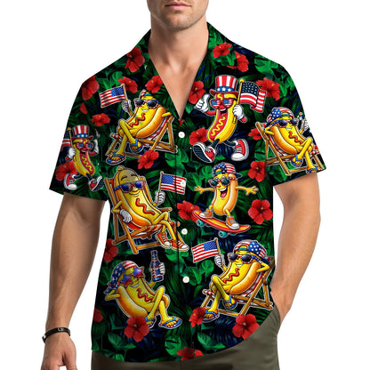 Lifestyle view of the family wearing matching hawaiian shirts