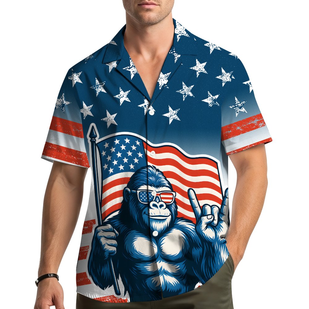 Lifestyle view of someone wearing the patriotic gorilla hawaiian shirt