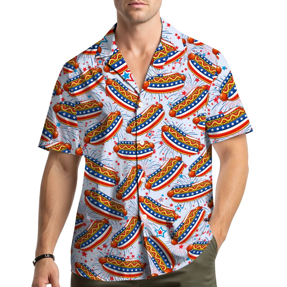 Lifestyle view of a person wearing the white fourth of july hawaiian shirt outdoors