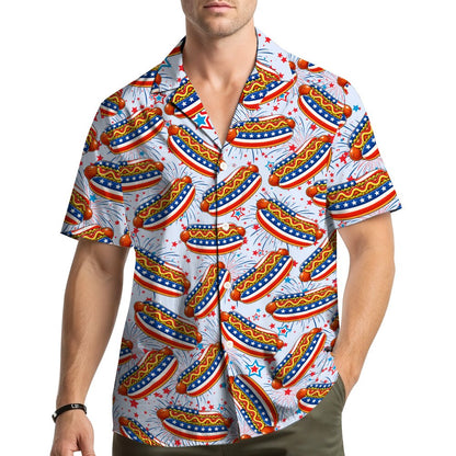 Lifestyle view of a person wearing the white fourth of july hawaiian shirt outdoors