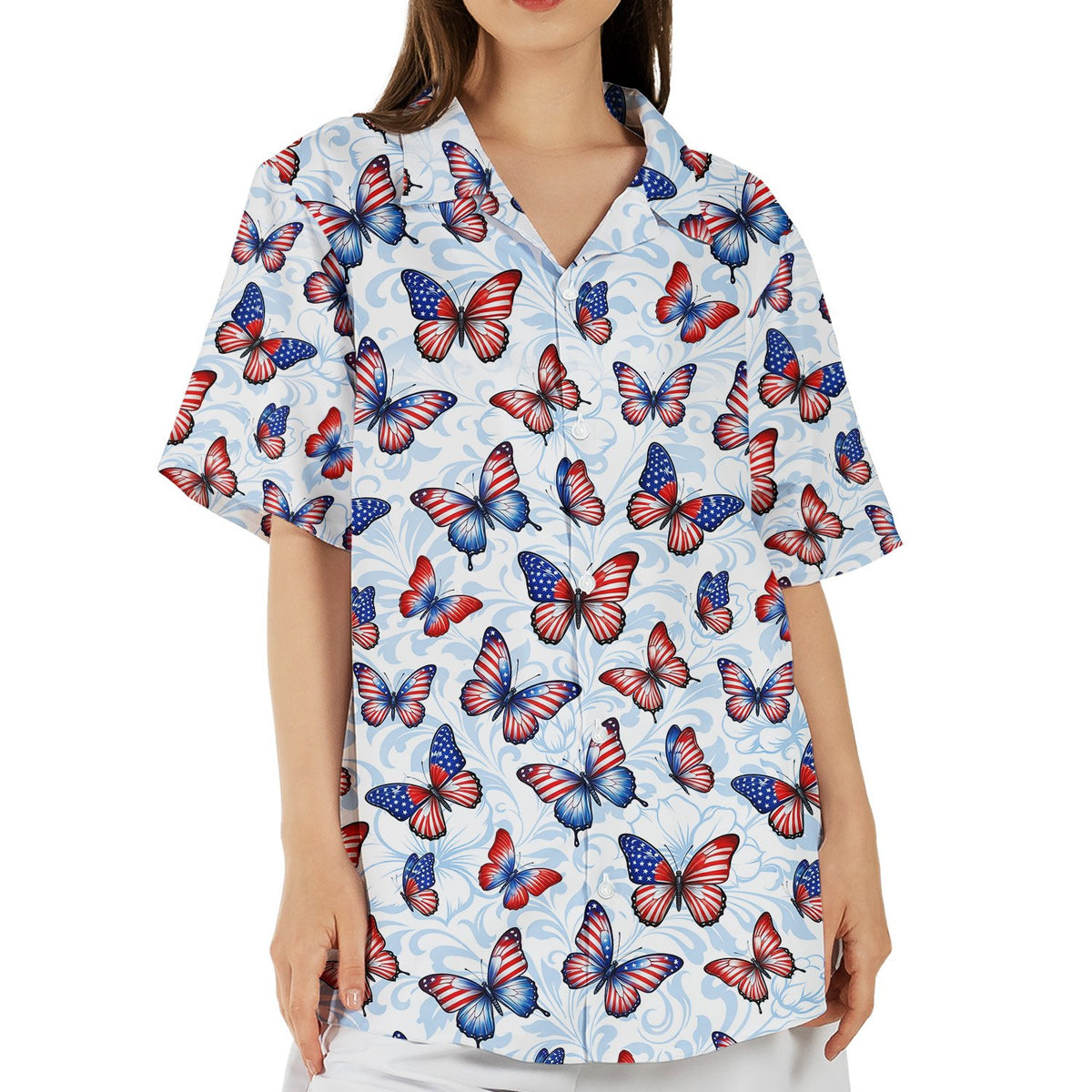 Lifestyle view of adult wearing the patriotic butterfly hawaiian shirt