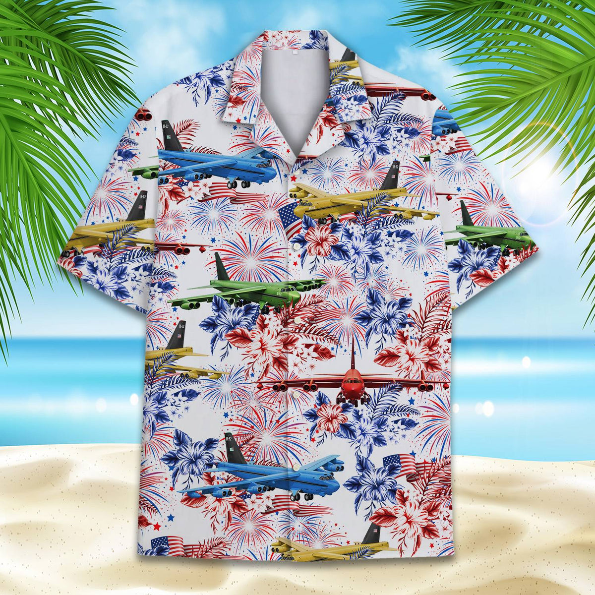 Lifestyle image of a family wearing matching fourth of july hawaiian shirts outdoors