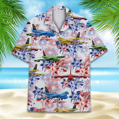 Lifestyle image of a family wearing matching fourth of july hawaiian shirts outdoors