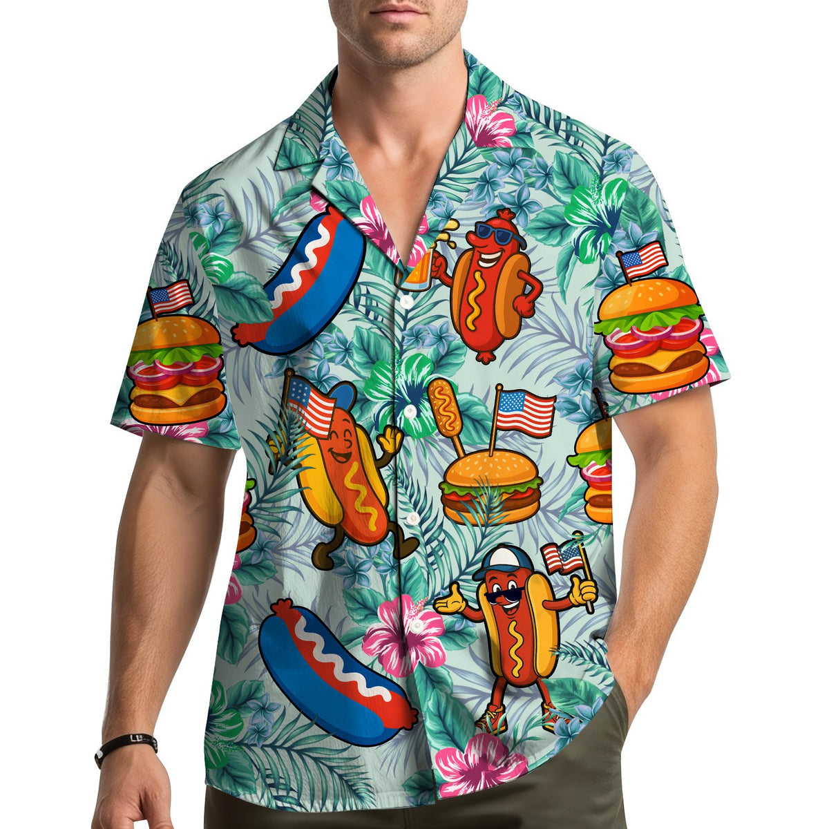 Family wearing matching fourth of july hawaiian shirts outdoors