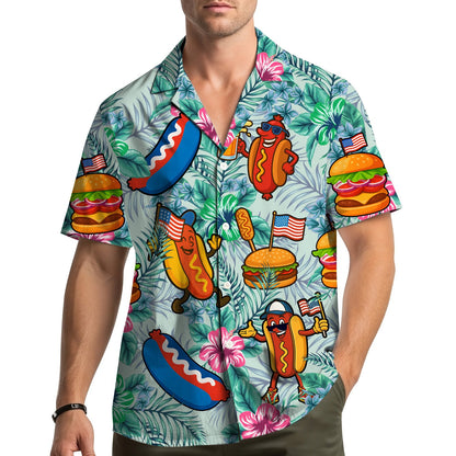 Family wearing matching fourth of july hawaiian shirts outdoors