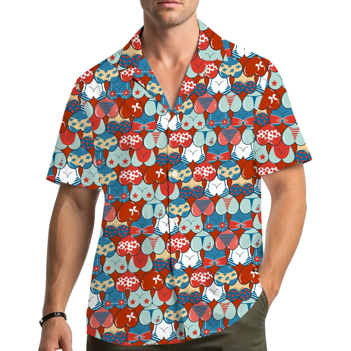 Lifestyle image of an adult wearing the fourth of july hawaiian shirt outdoors