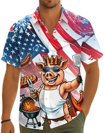 Lifestyle view of someone wearing the matching family fourth of july hawaiian shirt