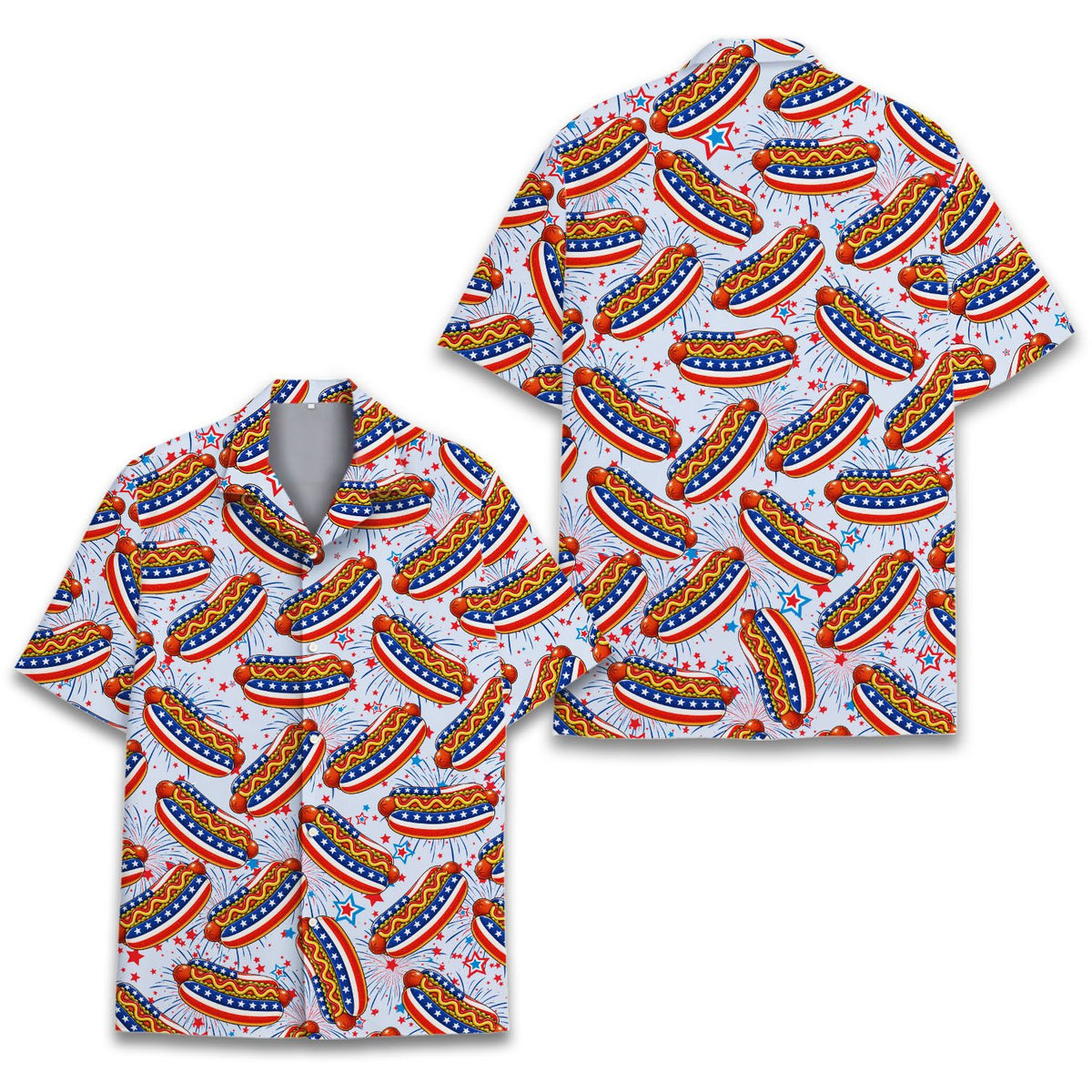 Close-up view of the hot dog and mustard details on the hawaiian shirt