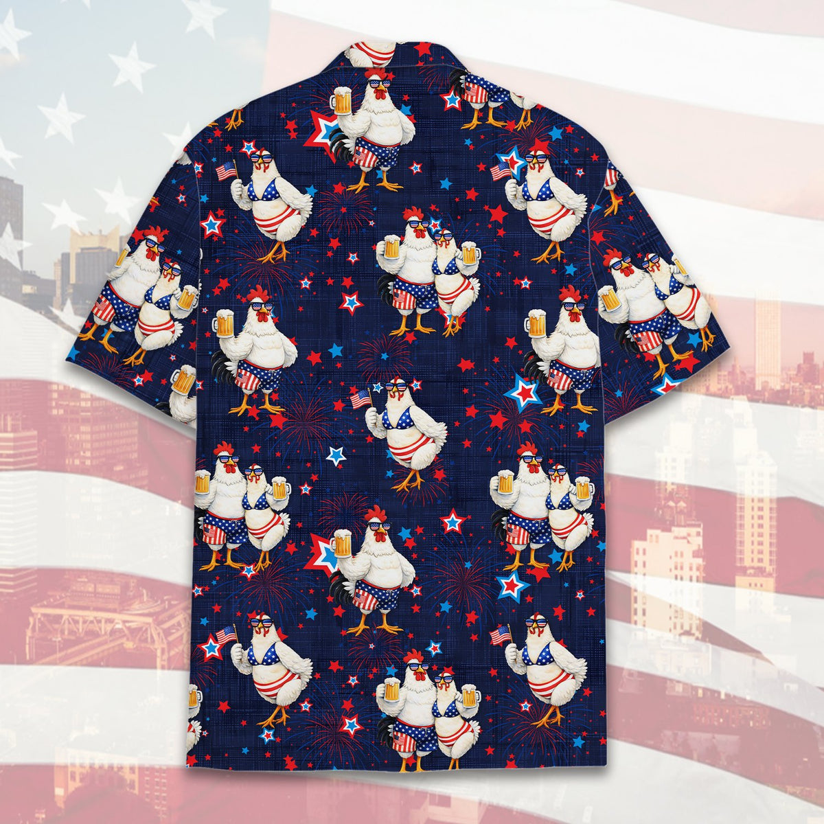 Another back view of the fourth of july hawaiian shirt with fireworks and stars