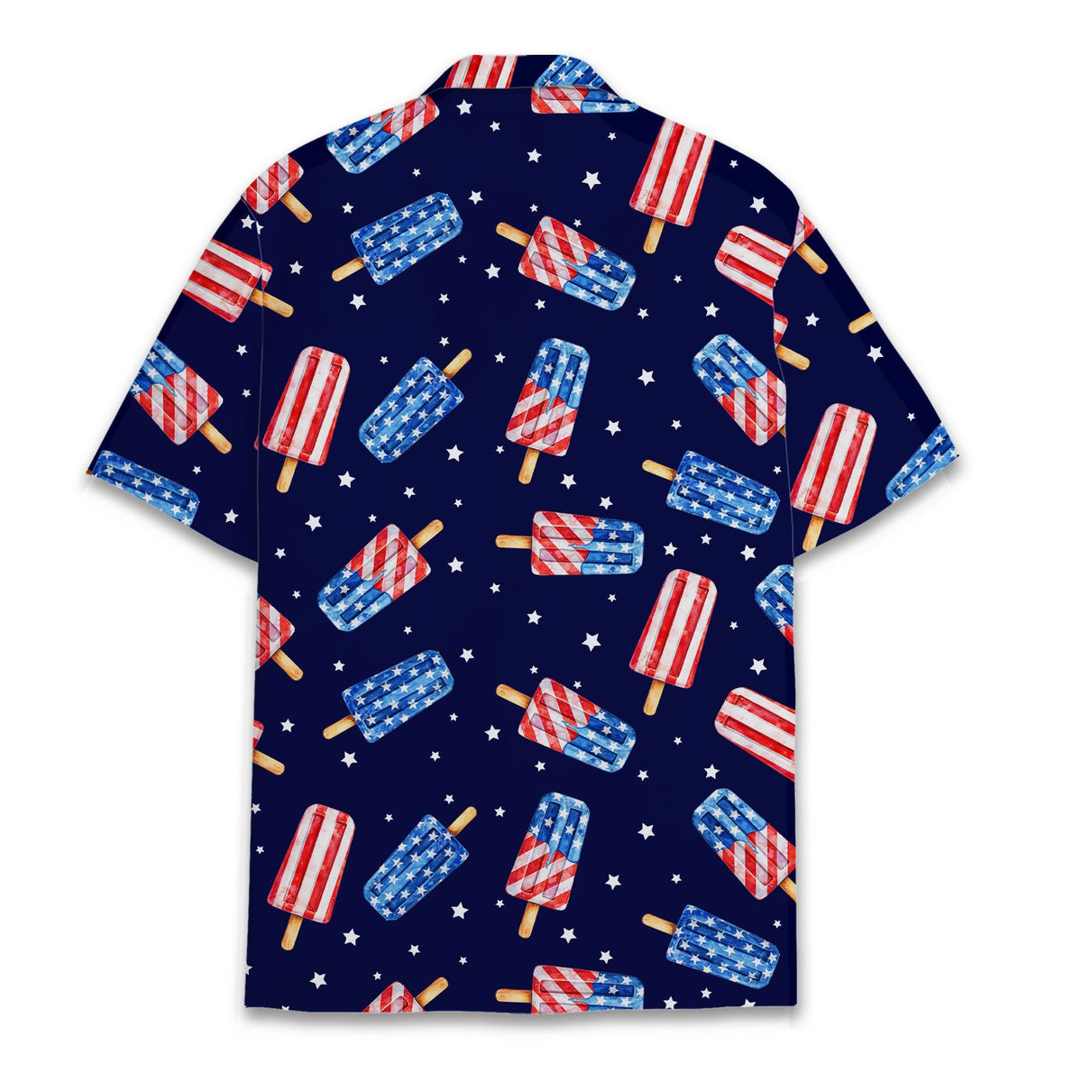 Second back view of the navy blue holiday hawaiian shirt