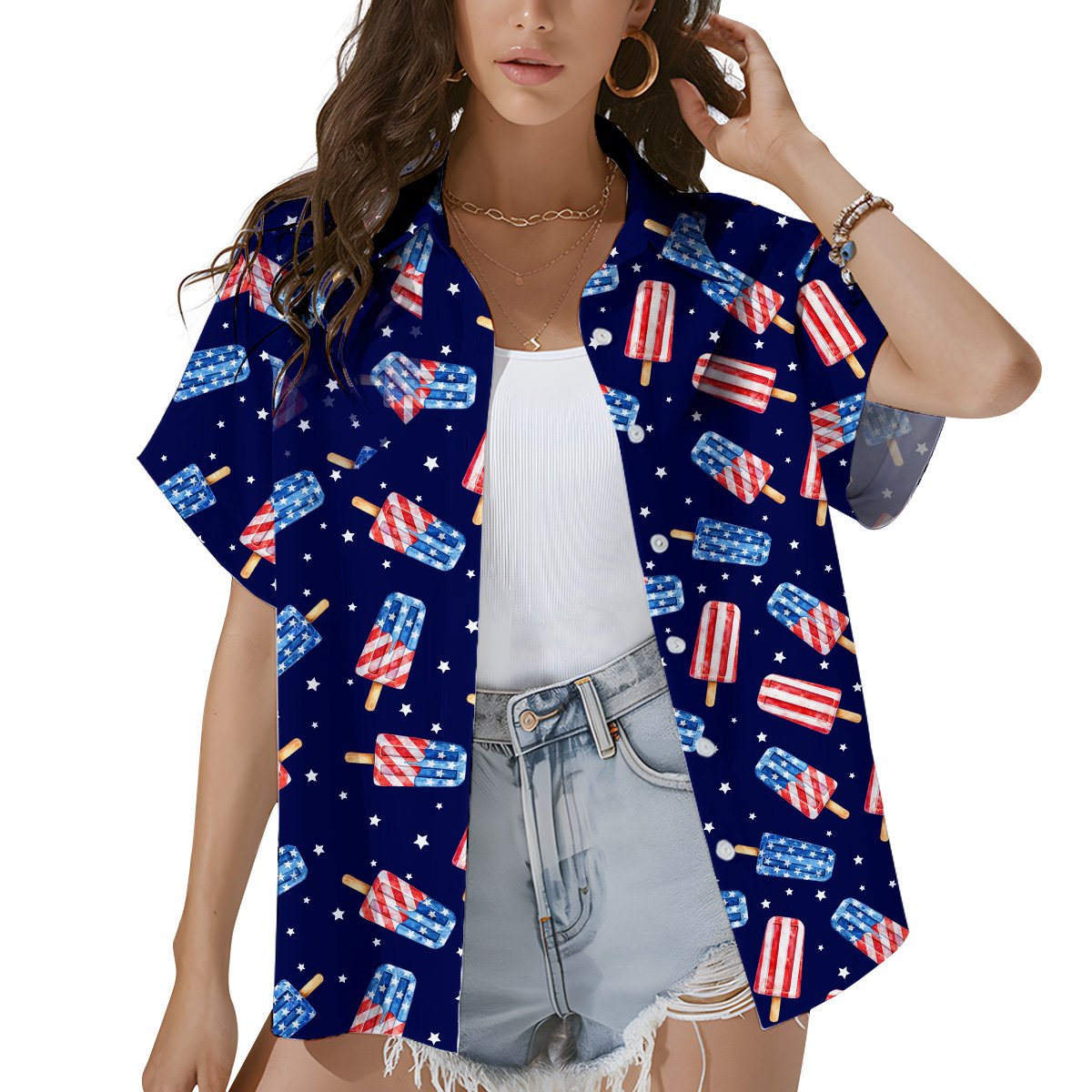 Close-up back view of the navy blue Hawaiian shirt showing stars and popsicles