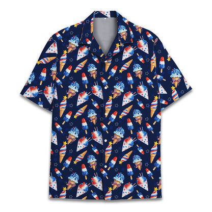 Back view of the matching family Hawaiian shirt with patriotic design