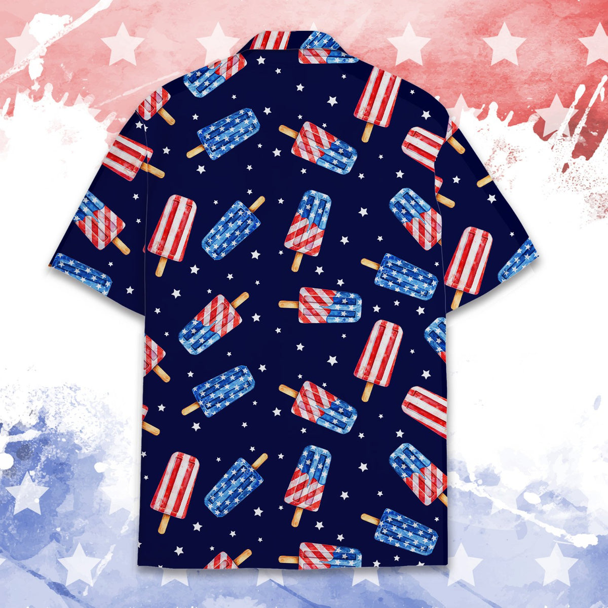 Back view of the fourth of july hawaiian shirt with popsicle pattern