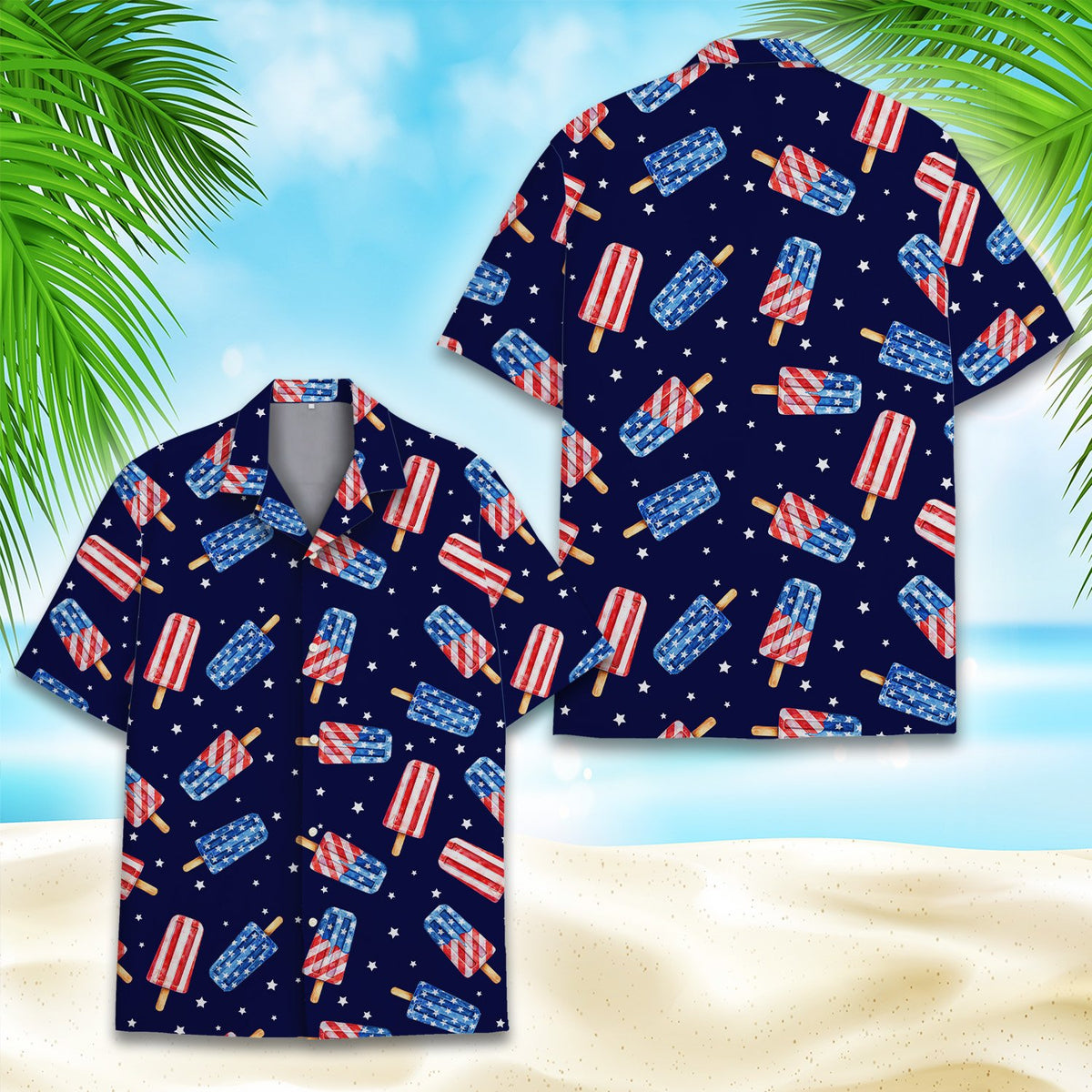 Detailed front view of the patriotic popsicle pattern on the navy blue Hawaiian shirt