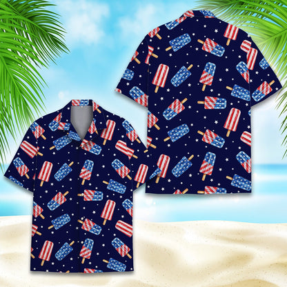 Detailed front view of the patriotic popsicle pattern on the navy blue Hawaiian shirt