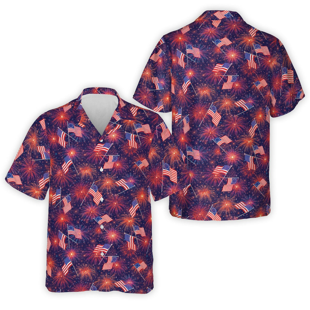 Navy blue fourth of july hawaiian shirt with fireworks design, front view