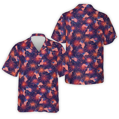 Navy blue fourth of july hawaiian shirt with fireworks design, front view