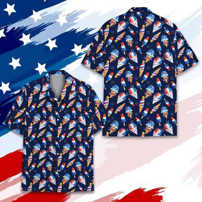 Close-up front view of the red, white, and blue icy treats Hawaiian shirt