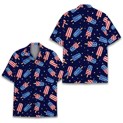 Close-up front view of the stars and stripes popsicles on the Hawaiian shirt