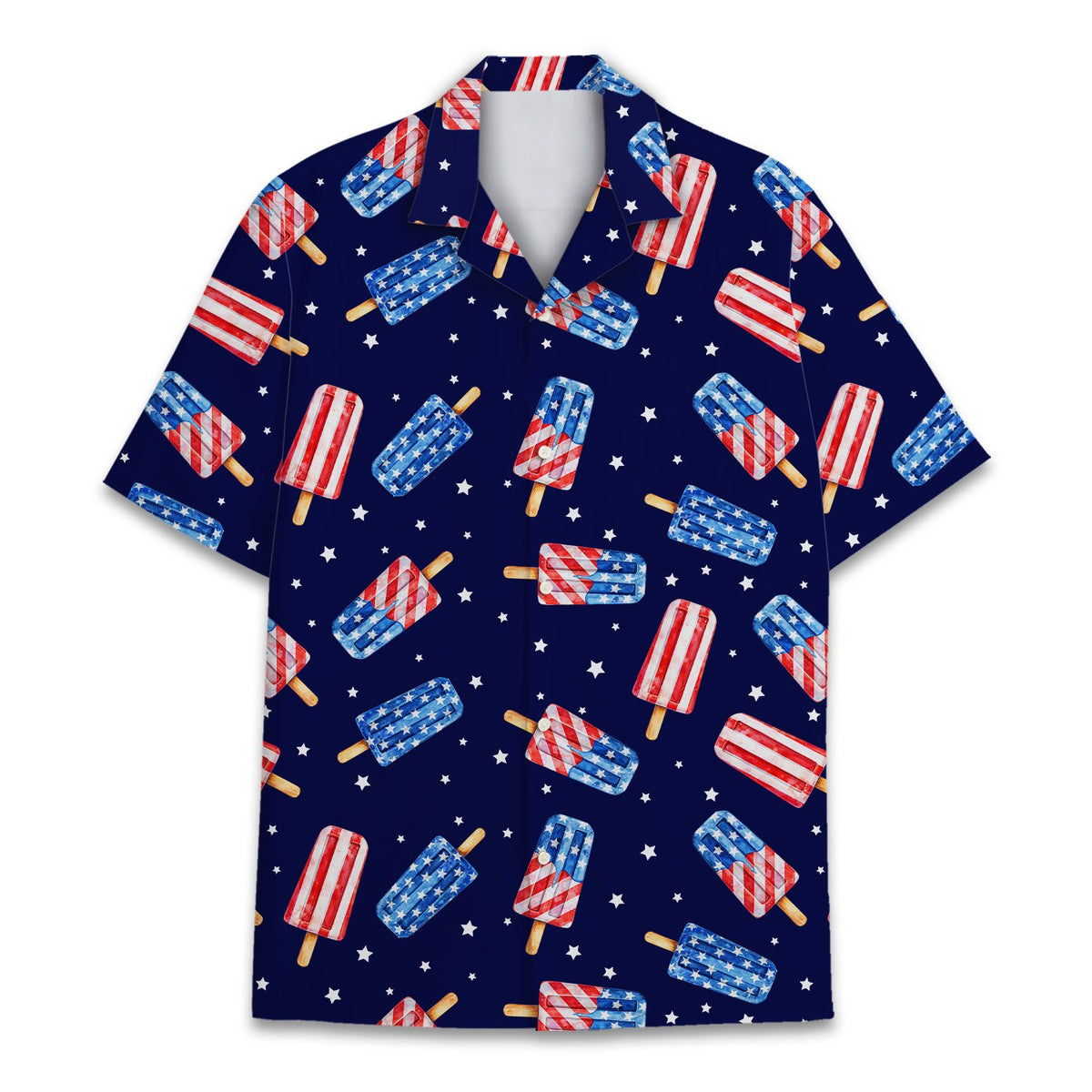 Detailed front view showing the collar and button down style of the patriotic hawaiian shirt