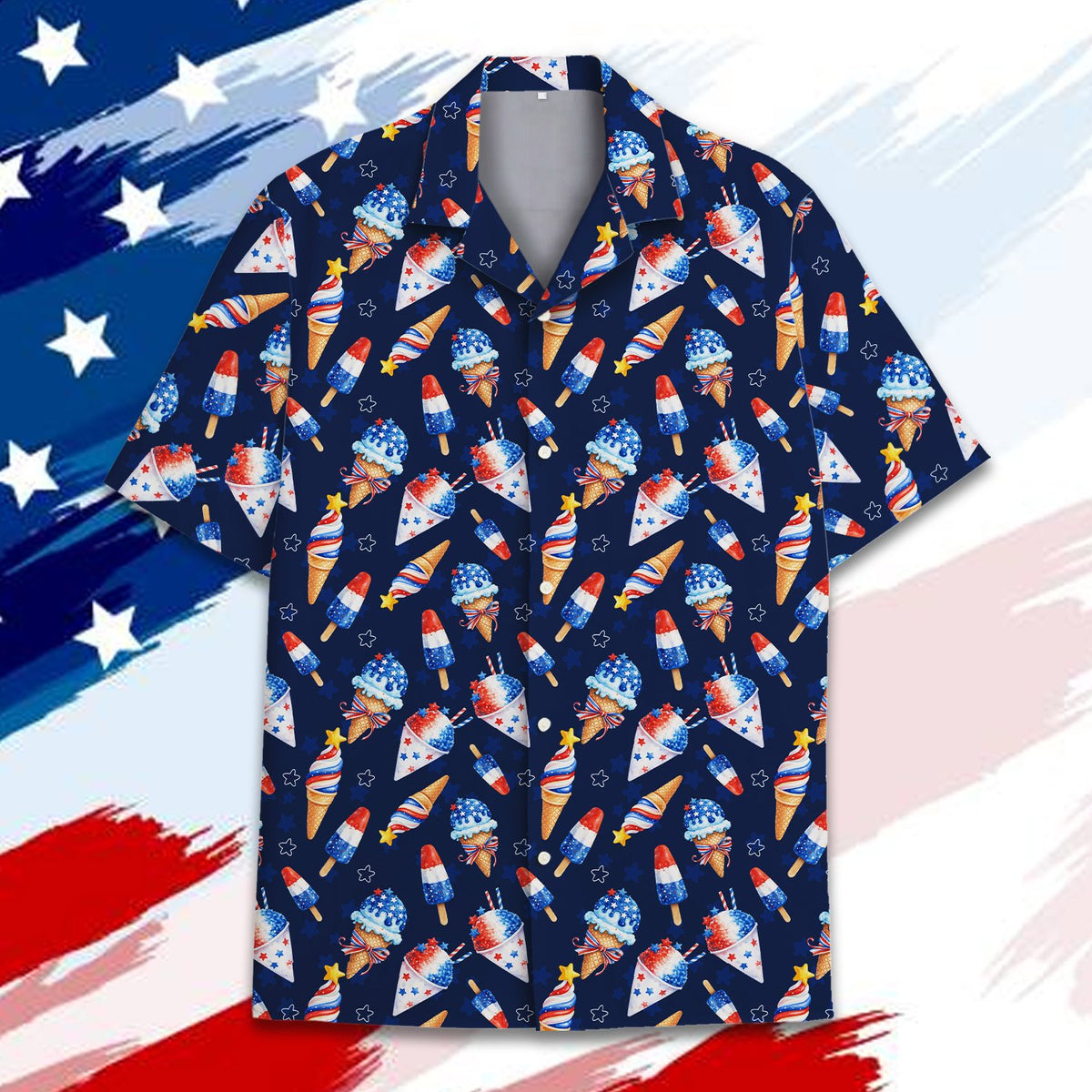 Matching family Fourth of July Hawaiian shirt featuring patriotic icy treats on navy blue, main view