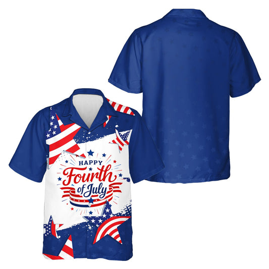 Matching family fourth of july hawaiian shirt with patriotic stars and flag pattern, front view