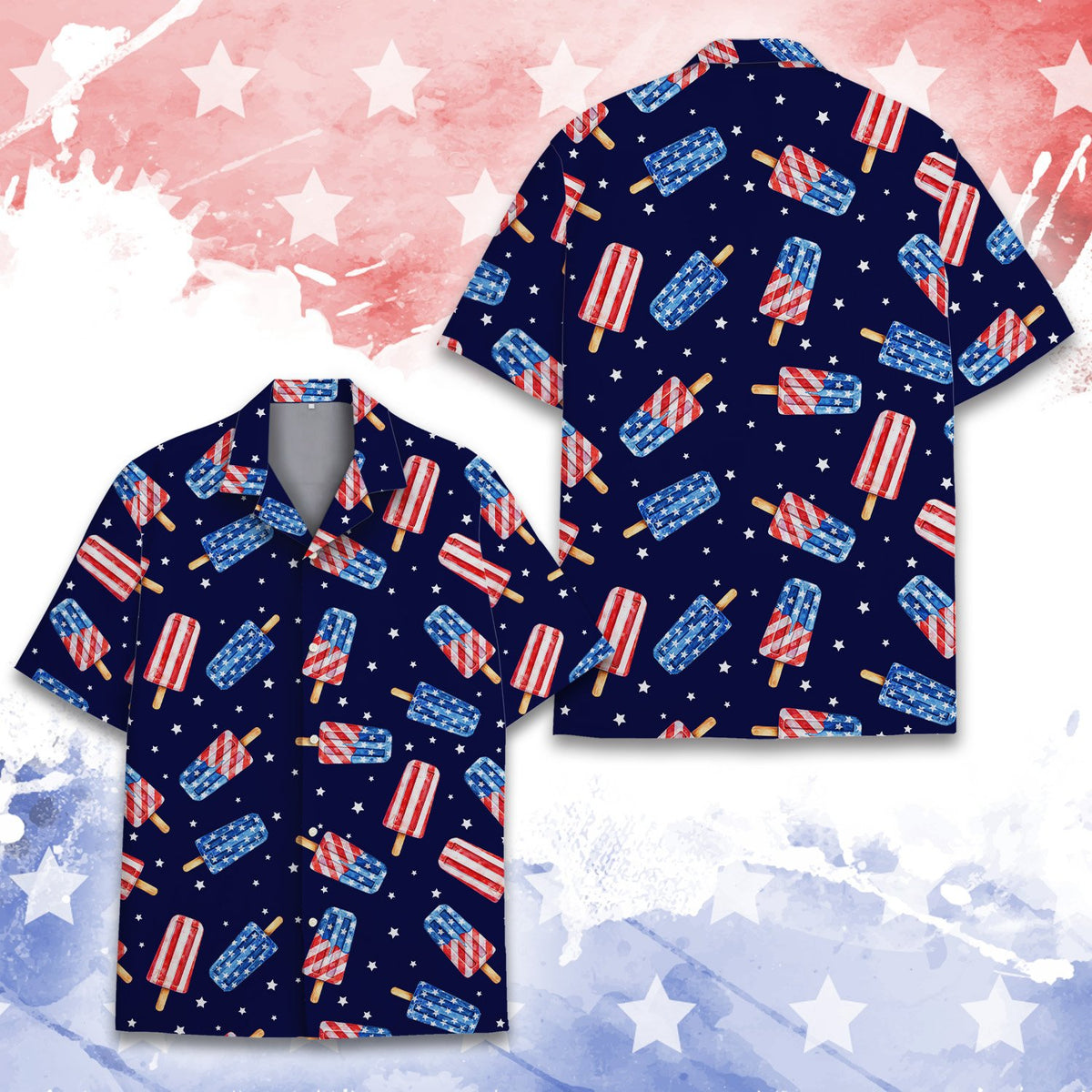 Front view of the navy blue holiday hawaiian shirt with red, white, and blue popsicles