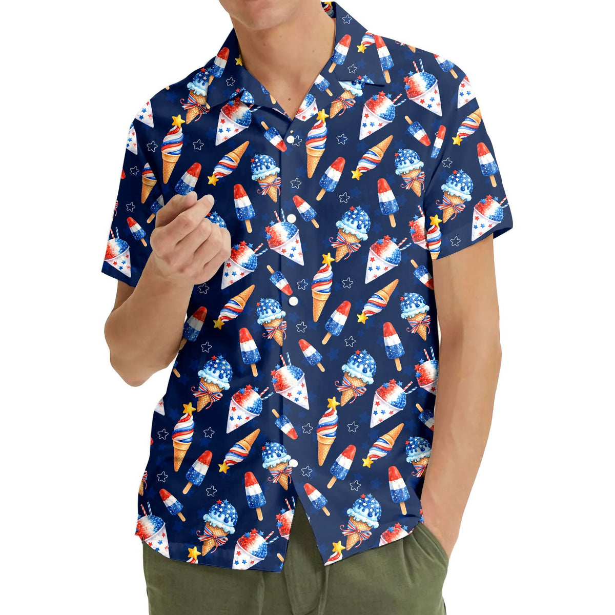 Second lifestyle view of the patriotic icy treats family Hawaiian shirts