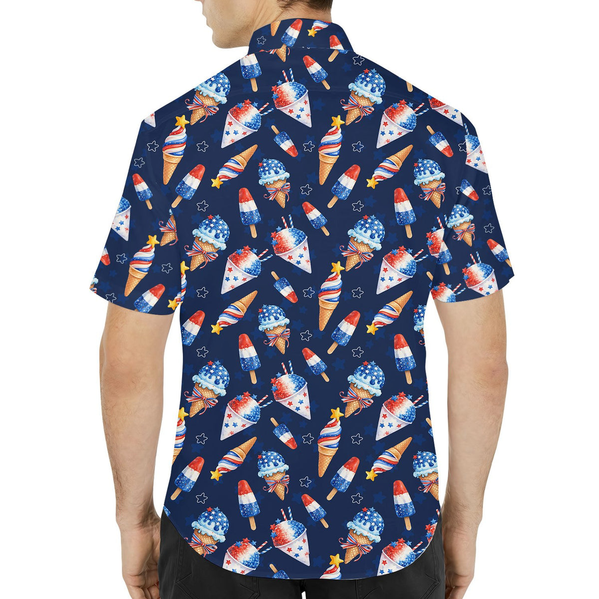 Third lifestyle view showing the navy blue Fourth of July Hawaiian shirts
