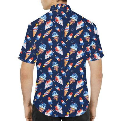 Third lifestyle view showing the navy blue Fourth of July Hawaiian shirts