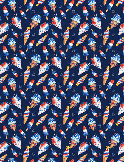 Lifestyle view of family wearing the matching Fourth of July Hawaiian shirts