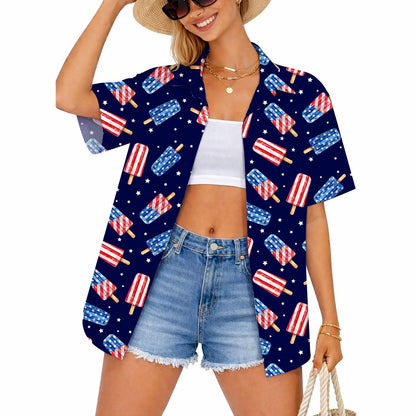 Lifestyle view of a person wearing the navy blue fourth of july hawaiian shirt