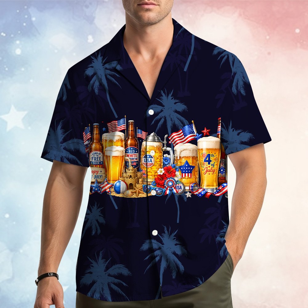 Close-up front view of the patriotic beer hawaiian shirt
