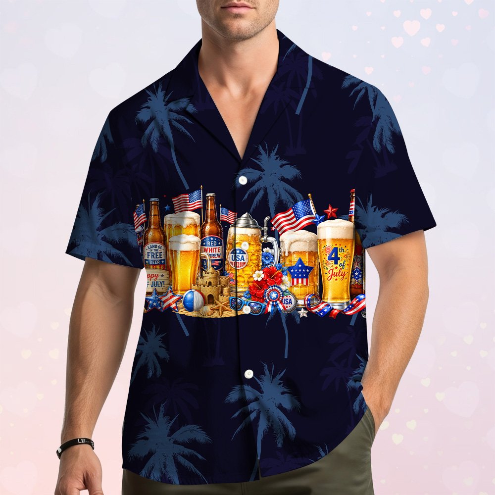 Detailed front view showing beer and fireworks design on the hawaiian shirt