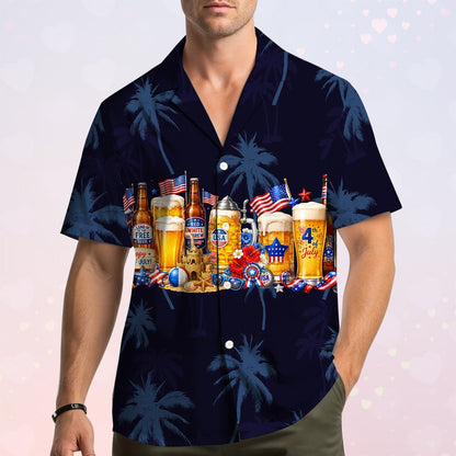 Detailed front view showing beer and fireworks design on the hawaiian shirt