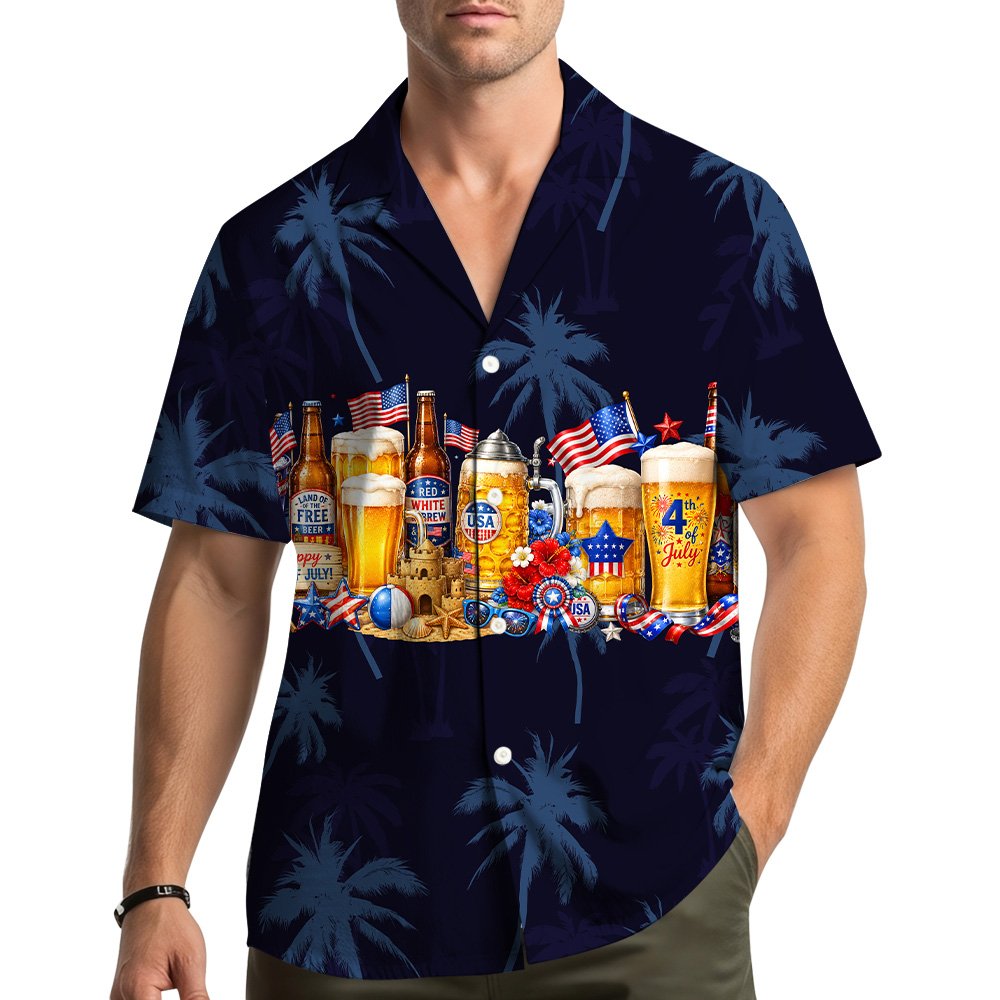 Fourth of July, patriotic, beer hawaiian shirt on a navy tropical background