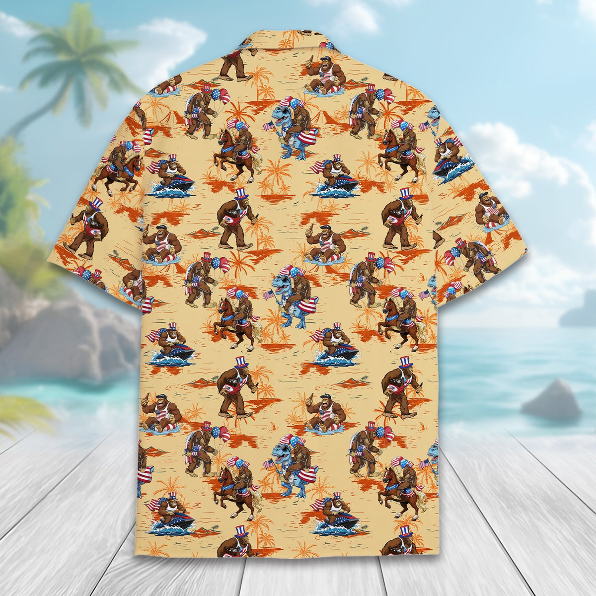 Another back view of the beige patriotic Bigfoot Hawaiian shirt