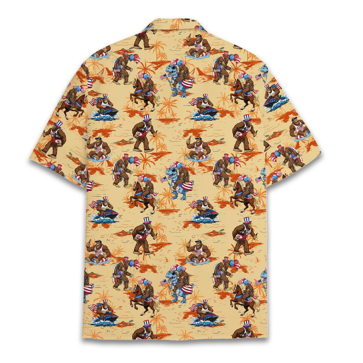 Back view of the matching family Fourth of July patriotic Bigfoot Hawaiian shirt