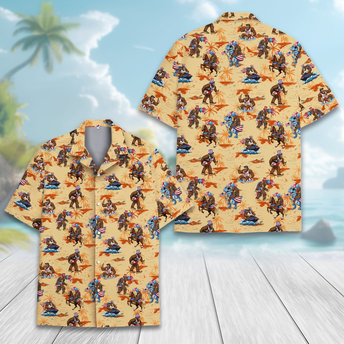 Another front view of the matching family Hawaiian shirt with patriotic Bigfoot design