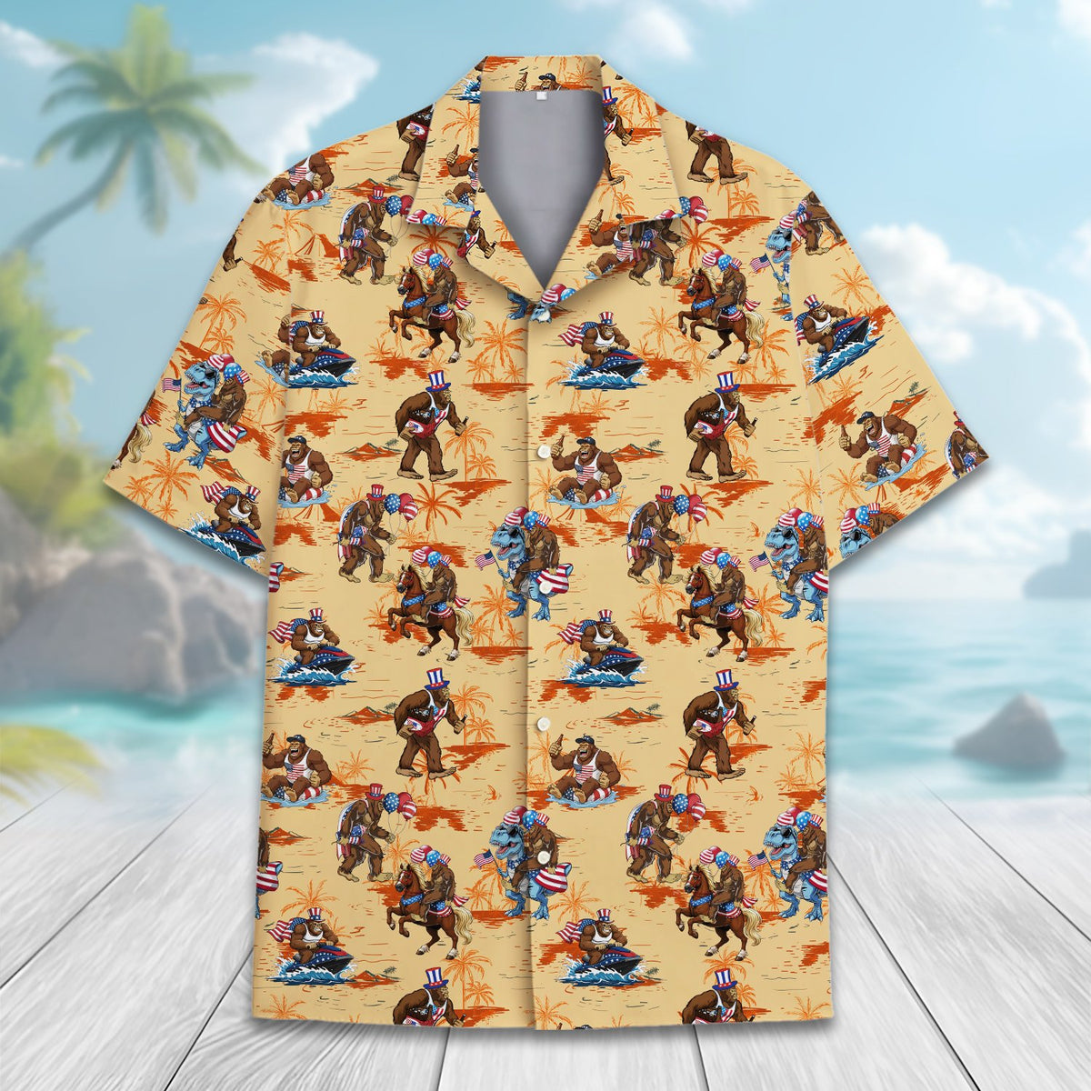 Detailed front view of the beige Fourth of July Bigfoot Hawaiian shirt