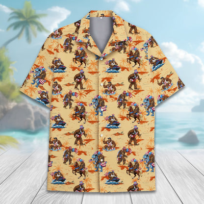 Detailed front view of the beige Fourth of July Bigfoot Hawaiian shirt