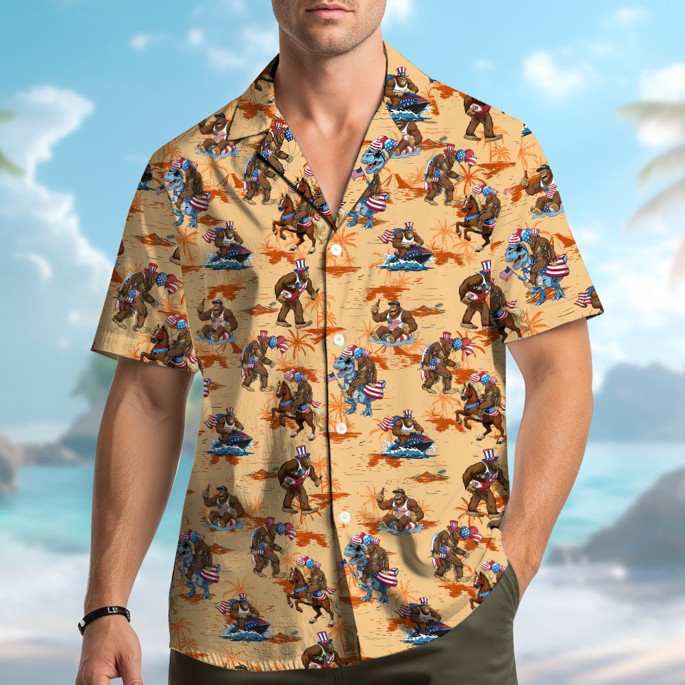 Second lifestyle view of a person wearing the beige matching family Hawaiian shirt