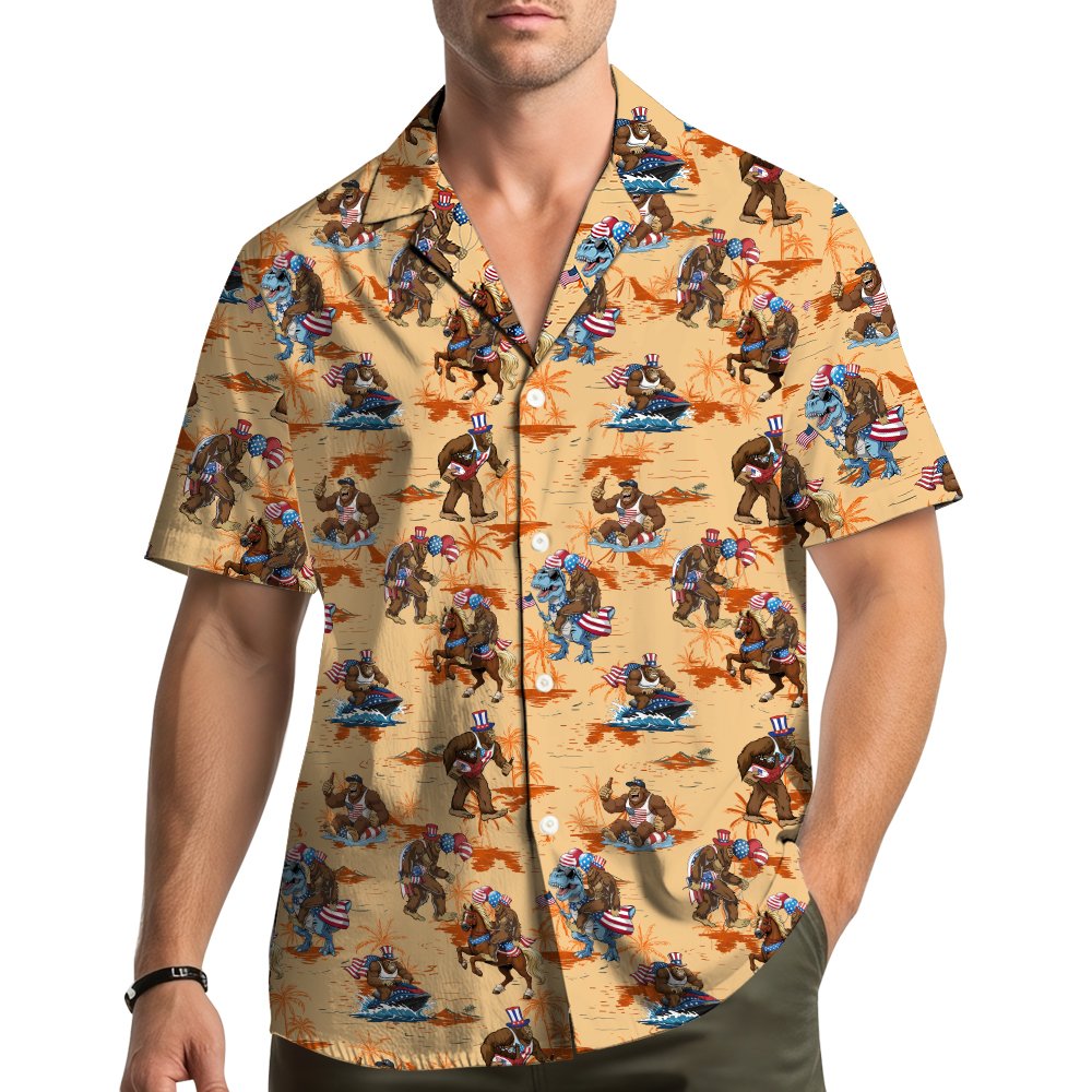 Lifestyle view of a person wearing the Fourth of July patriotic Bigfoot Hawaiian shirt
